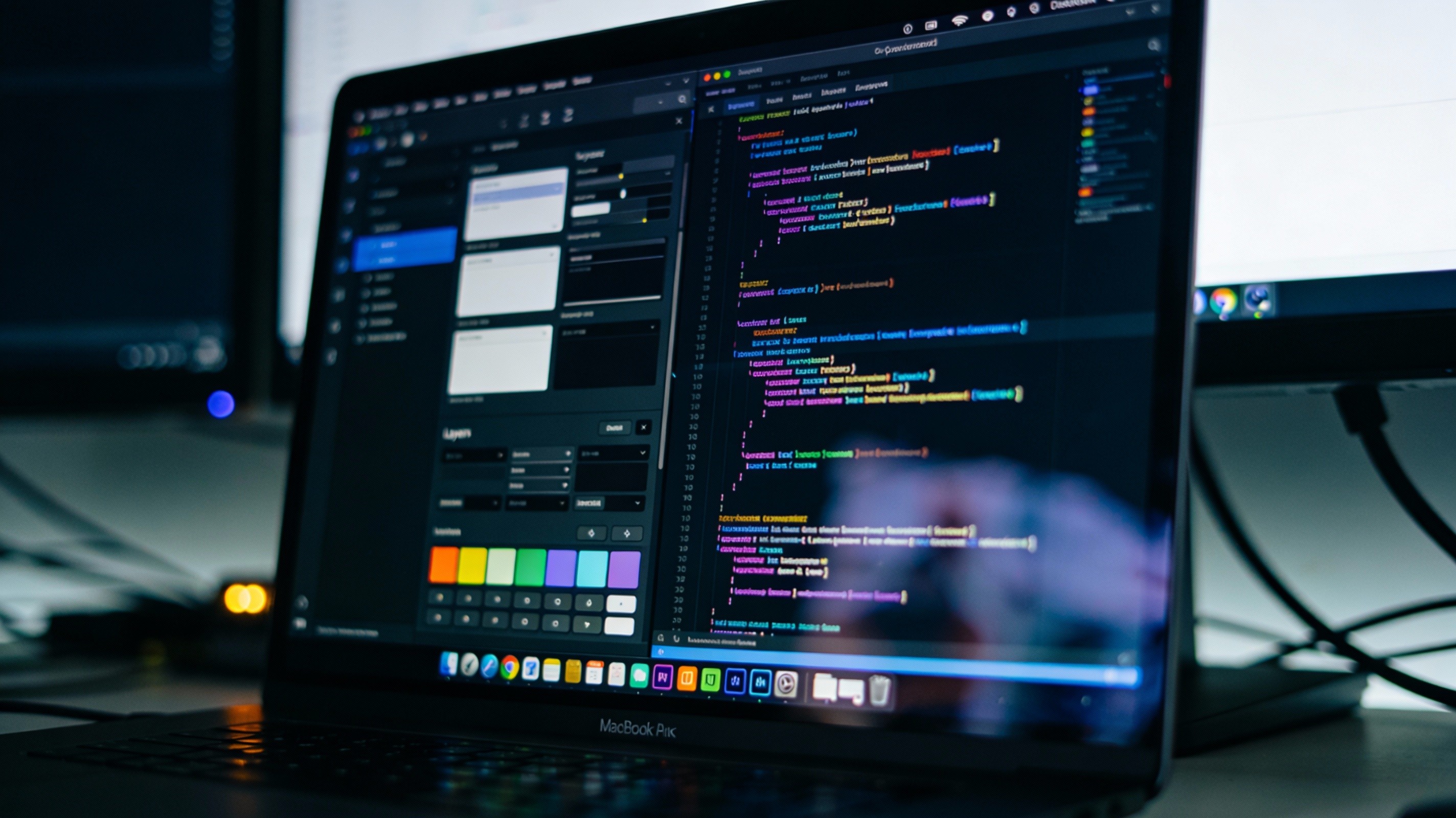 Close-up of a laptop screen displaying a hybrid workflow with a visual design interface on the left and a code editor on the right, illustrating the direct-to-browser process.
