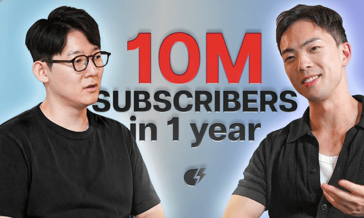 Podcast thumbnail featuring two men in conversation. Bold red and black text in the center reads '10M SUBSCRIBERS in 1 year' against a blue gradient background. On the left, a man with black hair and glasses wears a plain black shirt. On the right, Hafu Go smiles in a black short-sleeve shirt and white undershirt, gesturing with his hand. A small lightning bolt logo appears below the text.