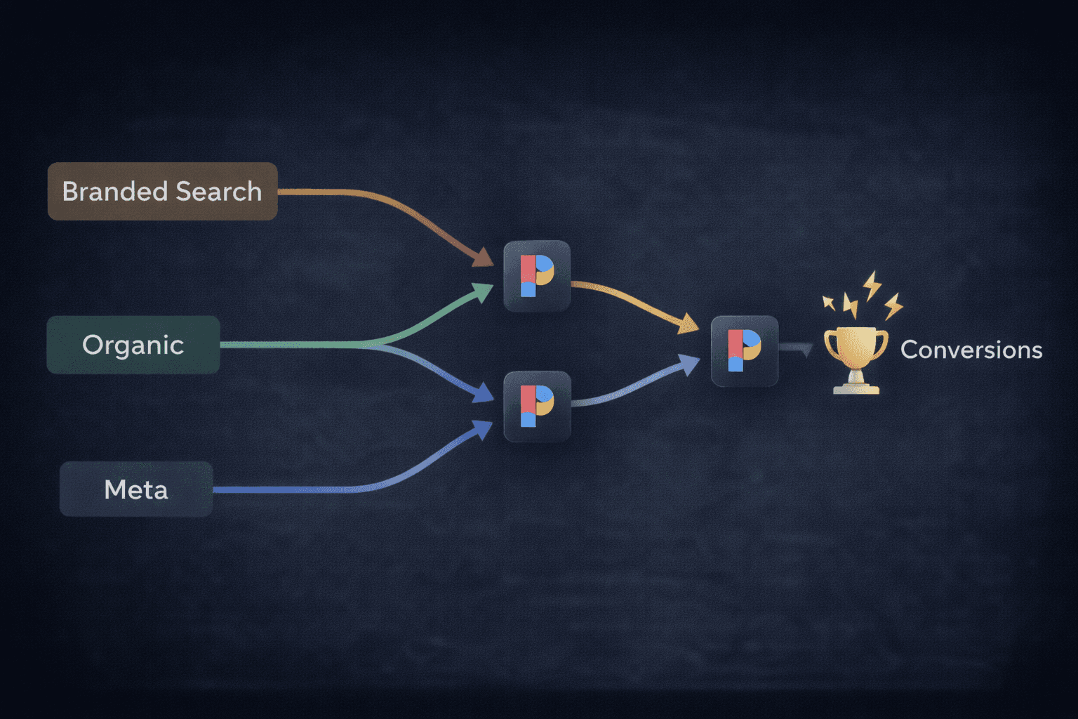 Performance Max attribution cannibalization diagram showing PMax claiming credit from Search, organic and other channels