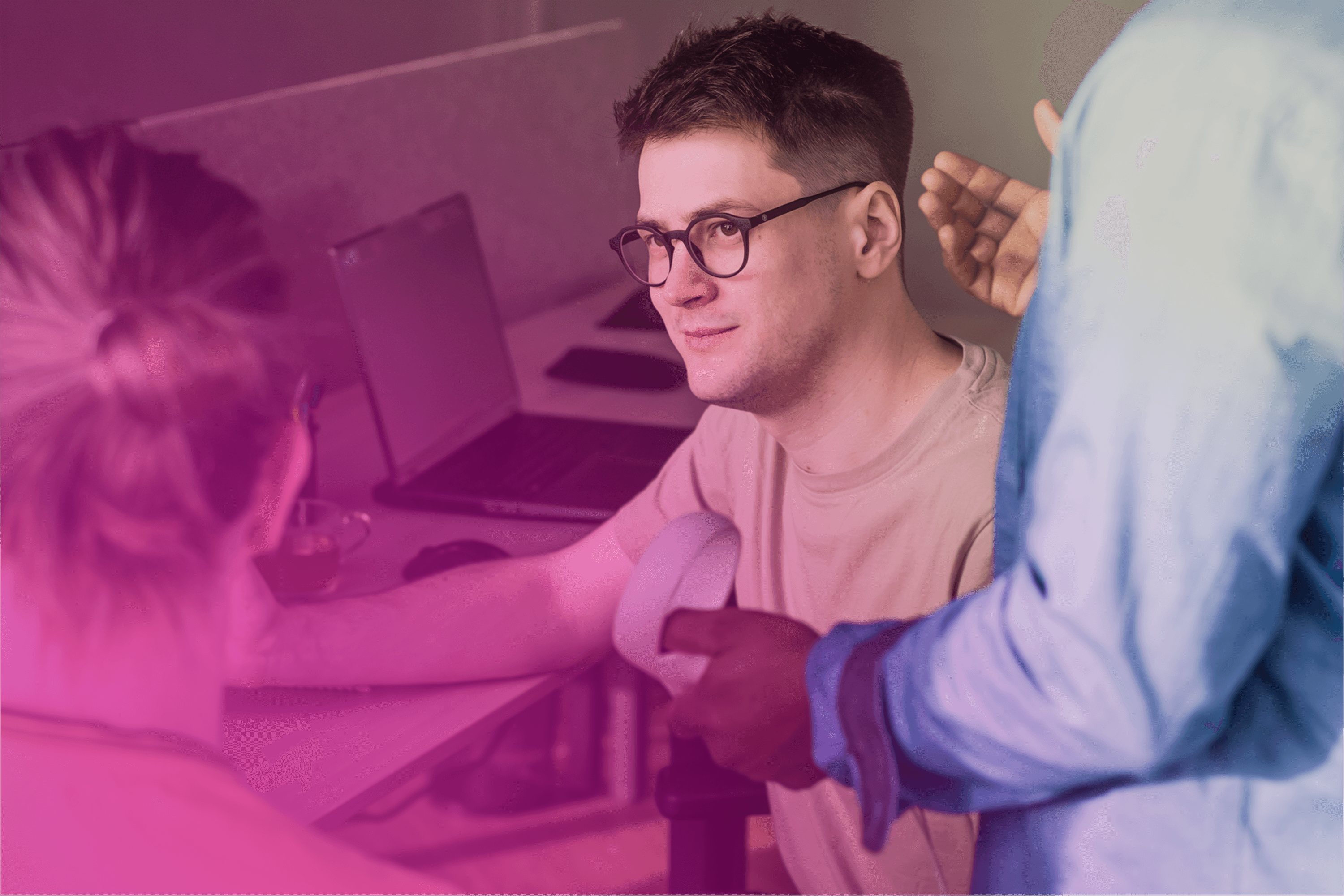 Hero image featuring a greyscaled communication platform on an abstract background.