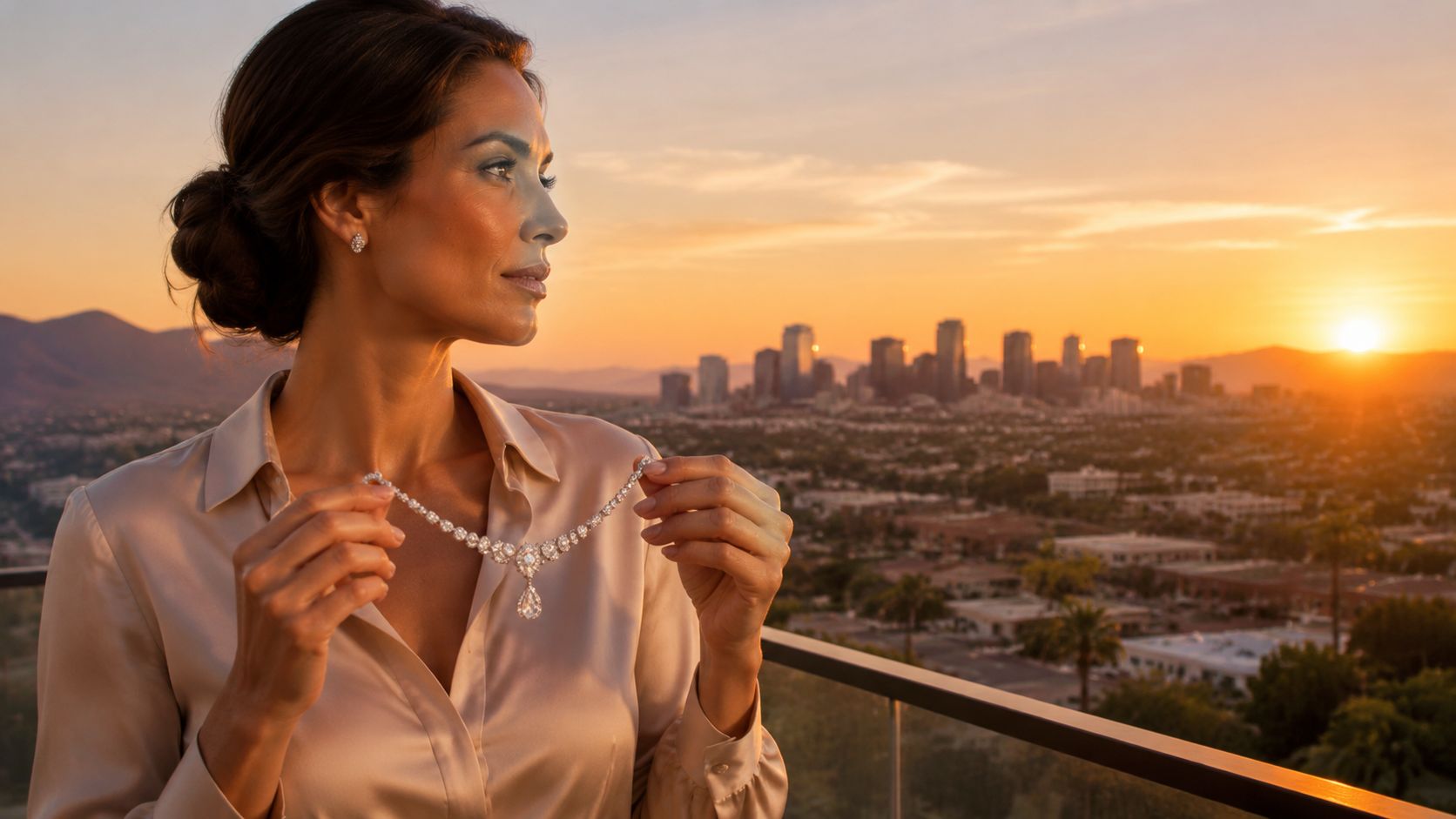 A sophisticated woman holding a diamond necklace while overlooking a scenic cityscape during a warm golden sunset.