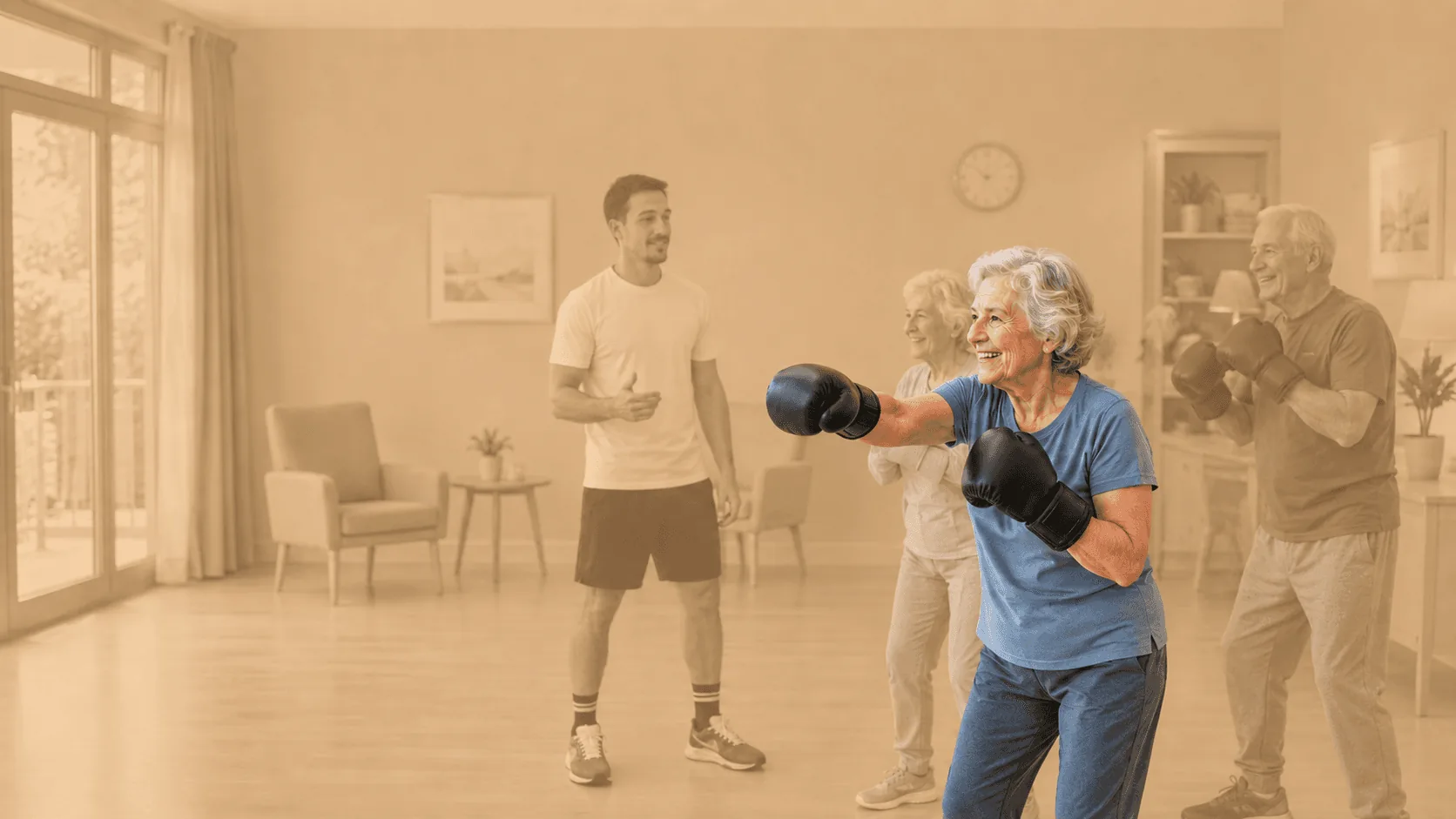 Une résidente d’EHPAD pratique la boxe adaptée avec des gants