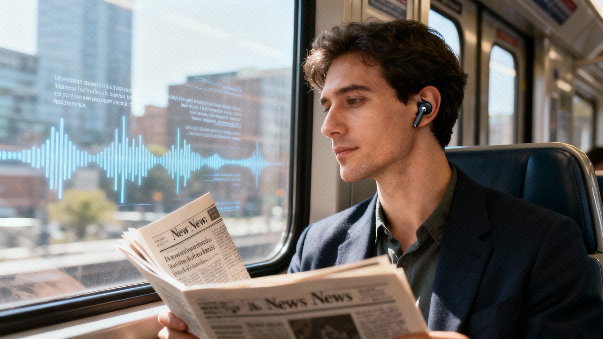 Speak4Me – A person listening to something on their phone while walking in a park, representing the on-the-go nature of text-to-speech AI.