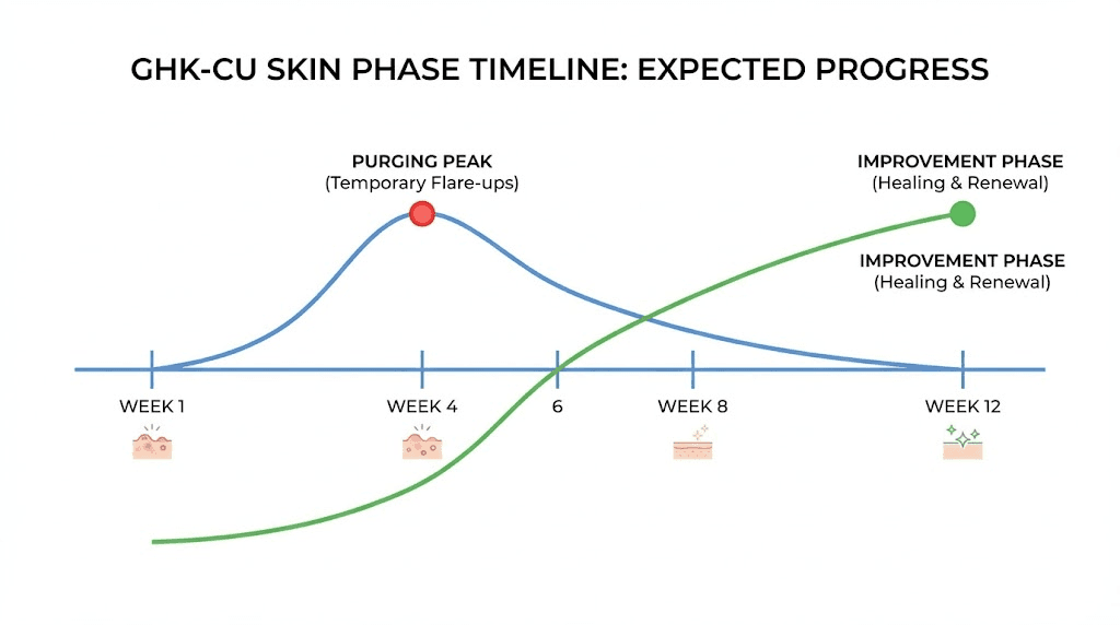 GHK-CU skin improvement timeline showing purging and recovery phases