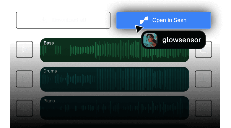 A mouse cursor playing back multiple extracted stems in a DAW interface