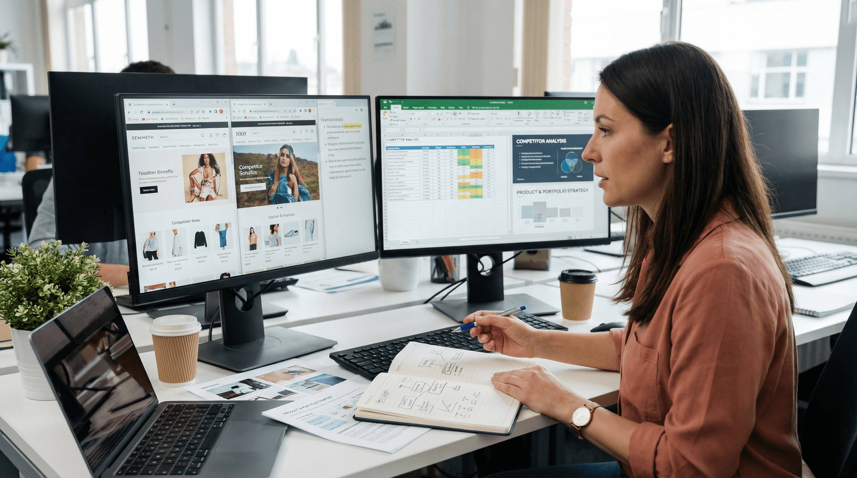 Frau sitzt an einem Schreibtisch mit zwei Monitoren, auf denen Webseiten und Tabellen geöffnet sind, und macht sich Notizen in einem Notizbuch