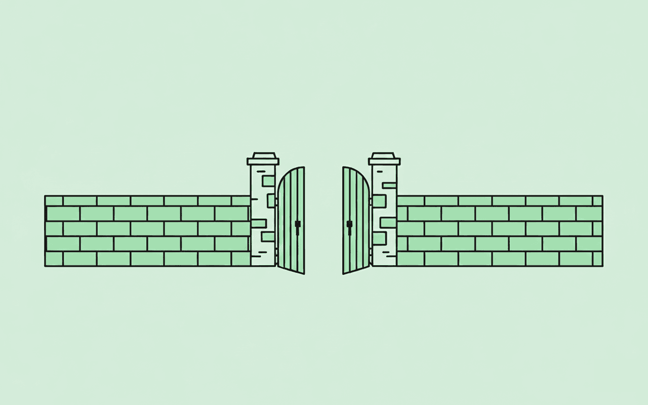 An open gate in a brick wall