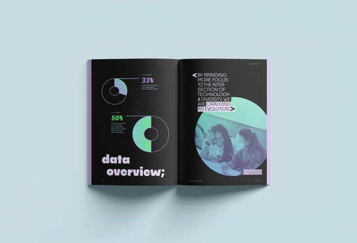 Data overview page with brightly colored and techy data graphics, for the annual report.
