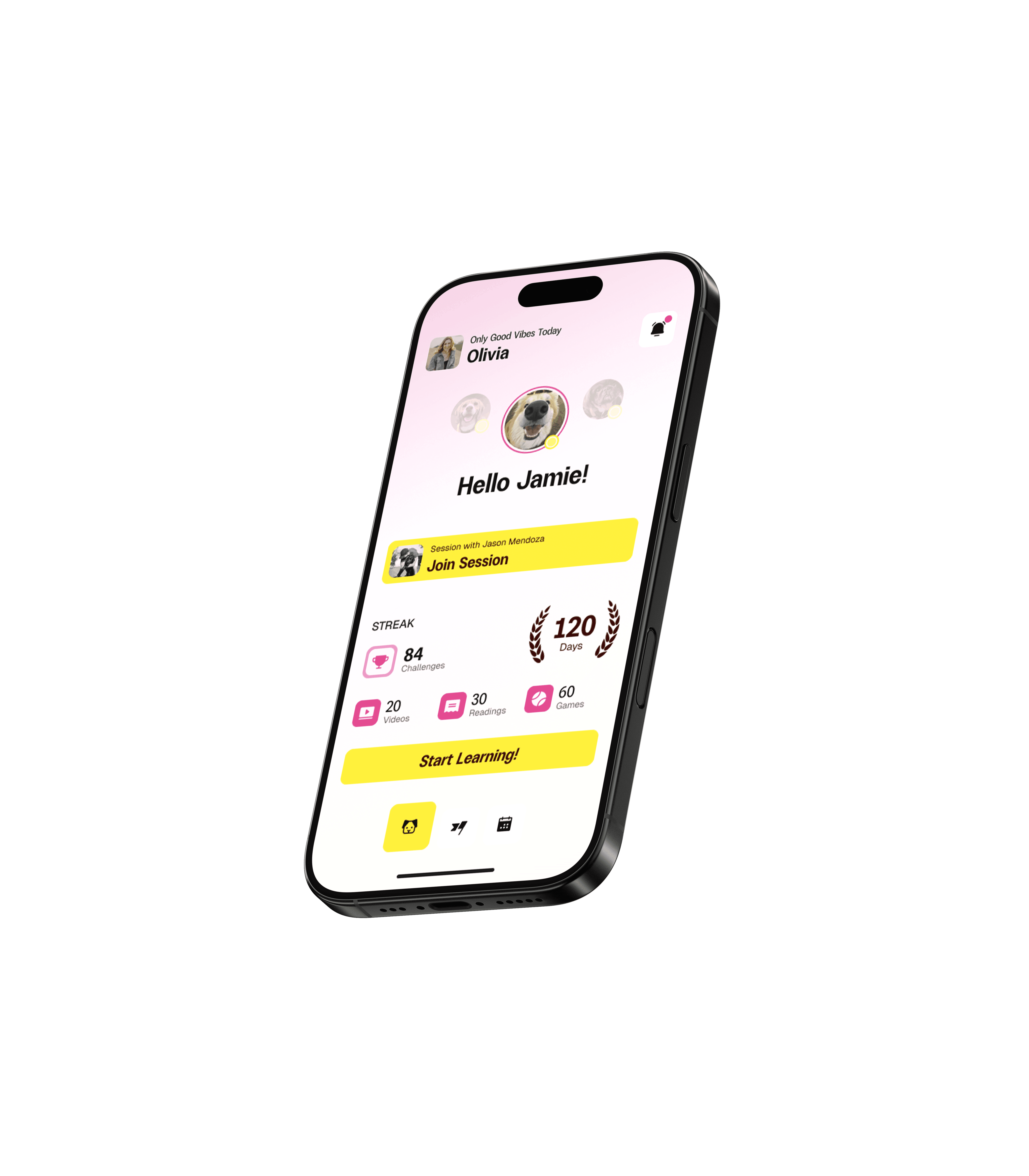 snout app dashboard showing personalized dog anxiety training progress tracker