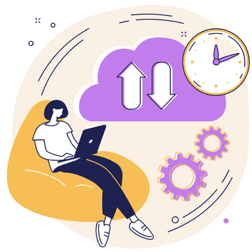 Illustration d'une personne utilisant un ordinateur portable, avec une icône de nuage affichant des flèches de téléchargement et de téléversement, une horloge et deux engrenages.