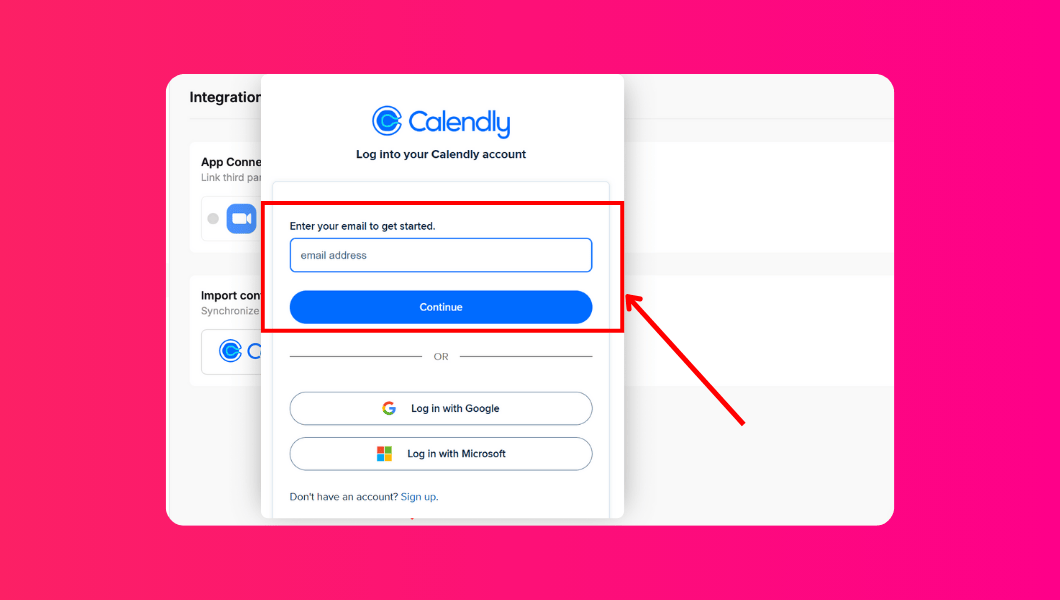 Calendly login popup box