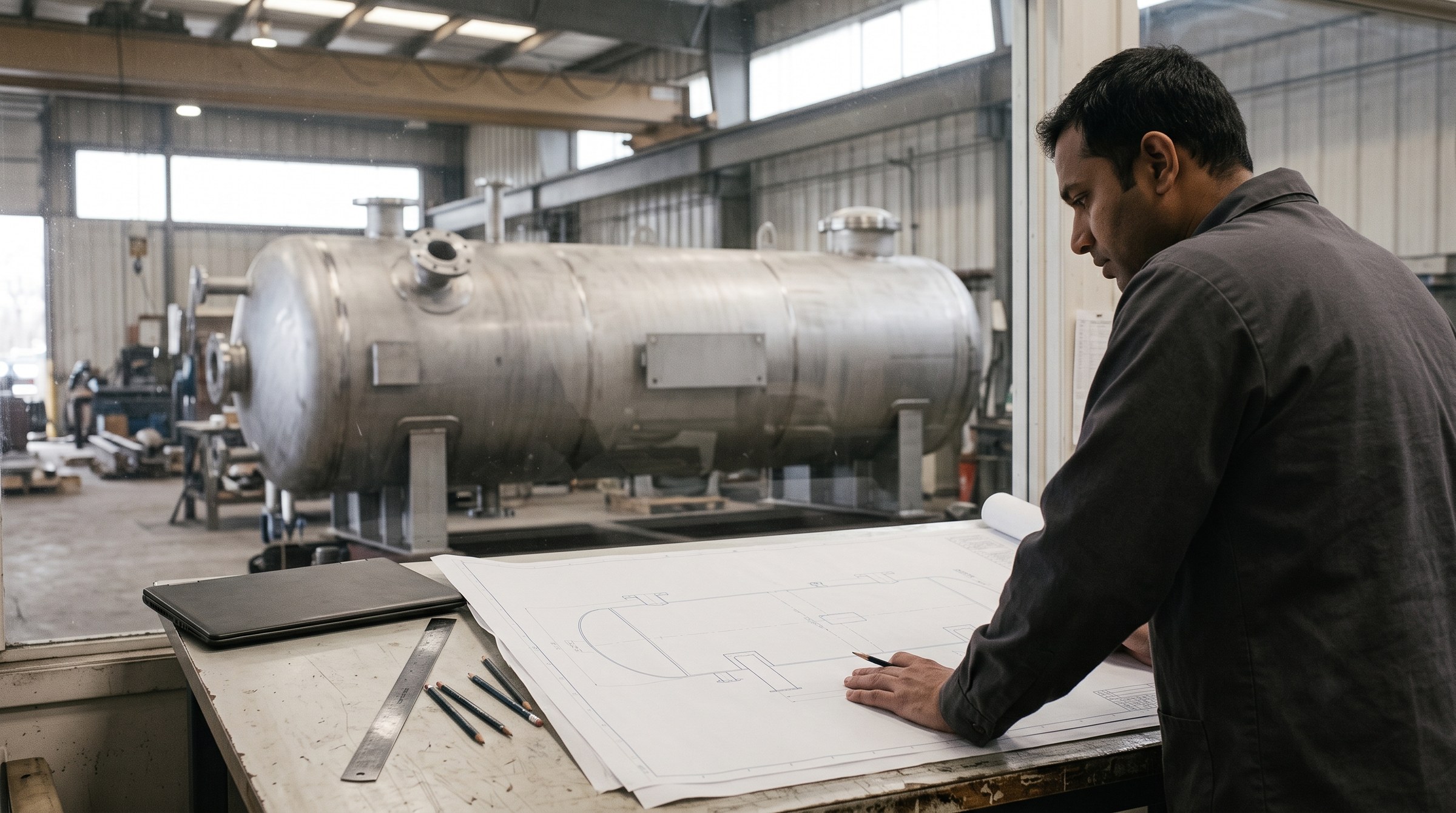 Engineer reviewing a pressure vessel drawing before fabrication, with a stainless steel vessel in the workshop behind