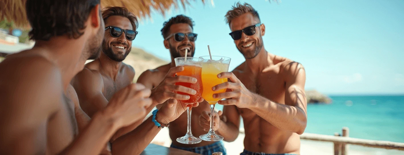 A group of young male friends cheers cocktails at a beachside bar