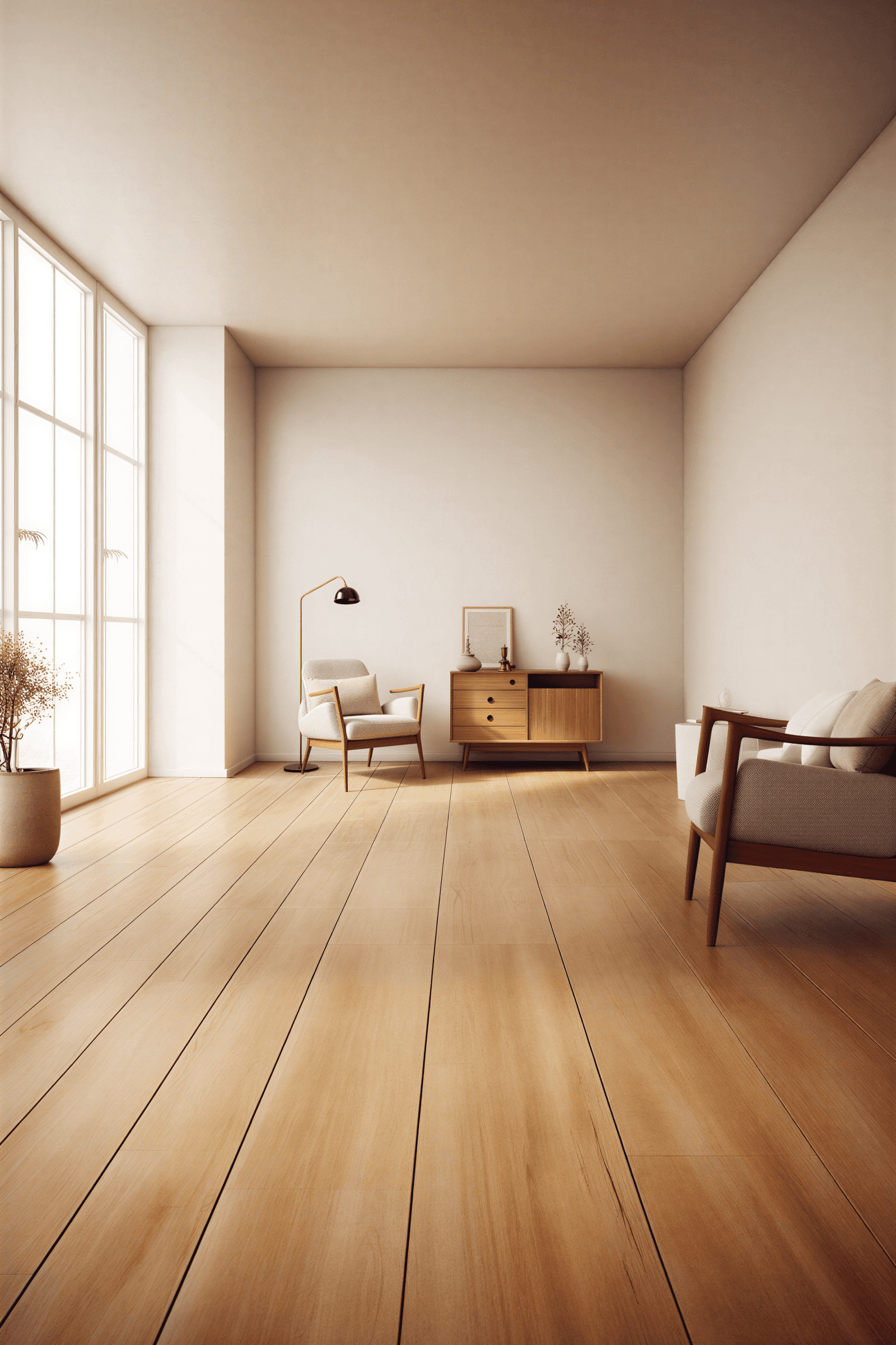 Minimalist Scandinavian living space with natural maple flooring, mid-century credenza, cream armchair with floor lamp, tall windows, and warm natural light