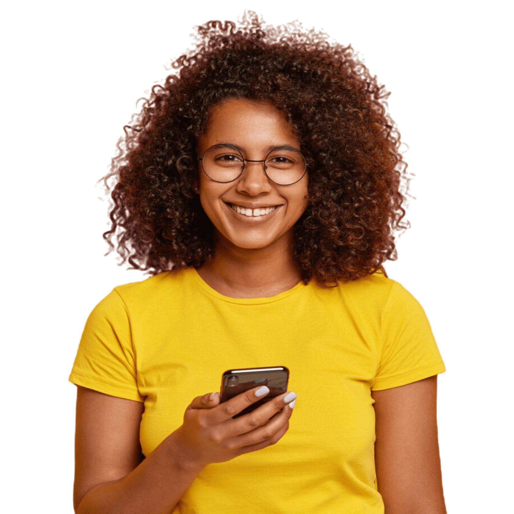 Smiling woman using smartphone against chalkboard background, representing accessible learning with low-tech solutions.