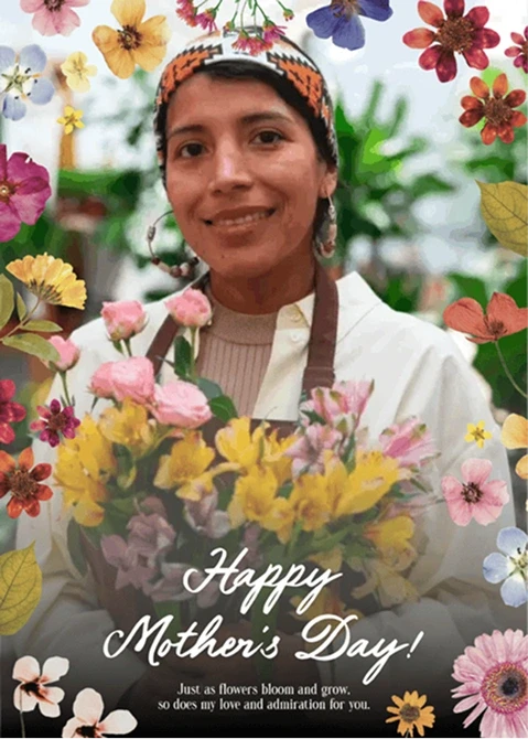 Bright 'Happy Mother's Day' greeting card template with a woman holding a colorful bouquet and floral illustrations