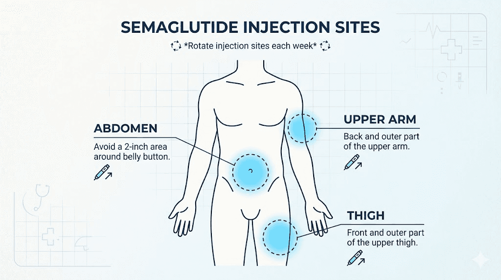 Semaglutide injection site locations on the body showing abdomen thigh and upper arm