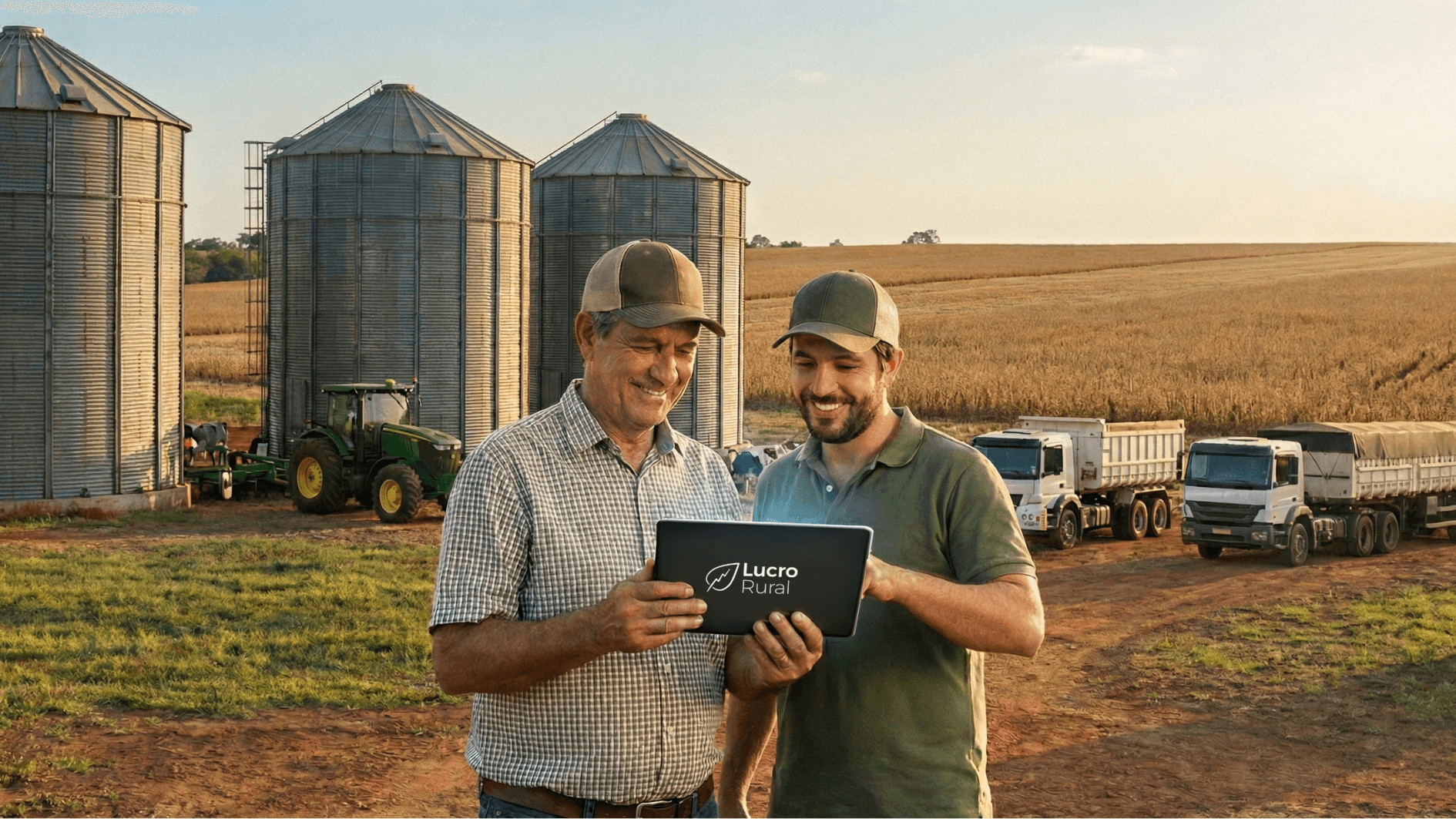 Produtores rurais na fazenda em frente a silos usando tablet com o software Lucro Rural para gestão financeira e automação de contas.