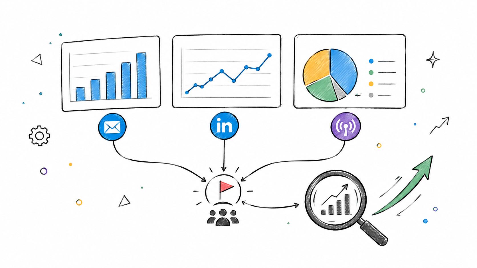 A hand-drawn illustration showing marketing metrics, social media icons, and business goals analyzed for growth.