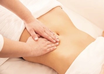 Close-up screenshots of professional therapeutic massage and abdominal lymphatic massage therapy treatments in progress.