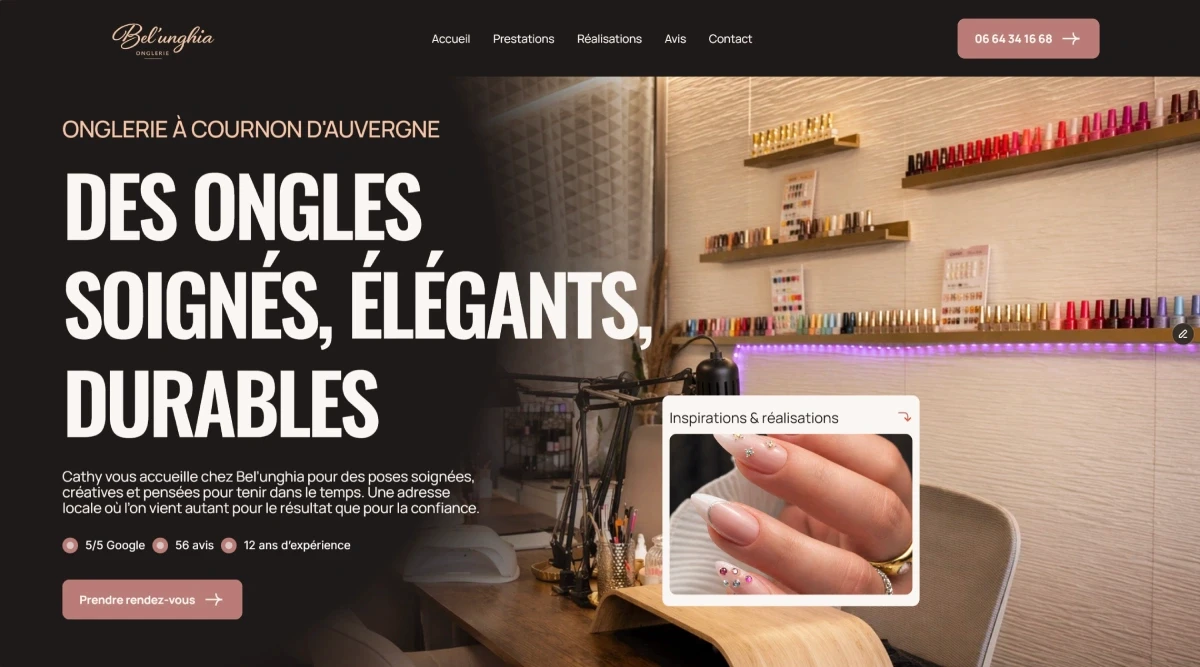 Page d’accueil du site Bel’unghia, onglerie à Cournon-d’Auvergne, avec présentation des prestations et prise de rendez-vous.