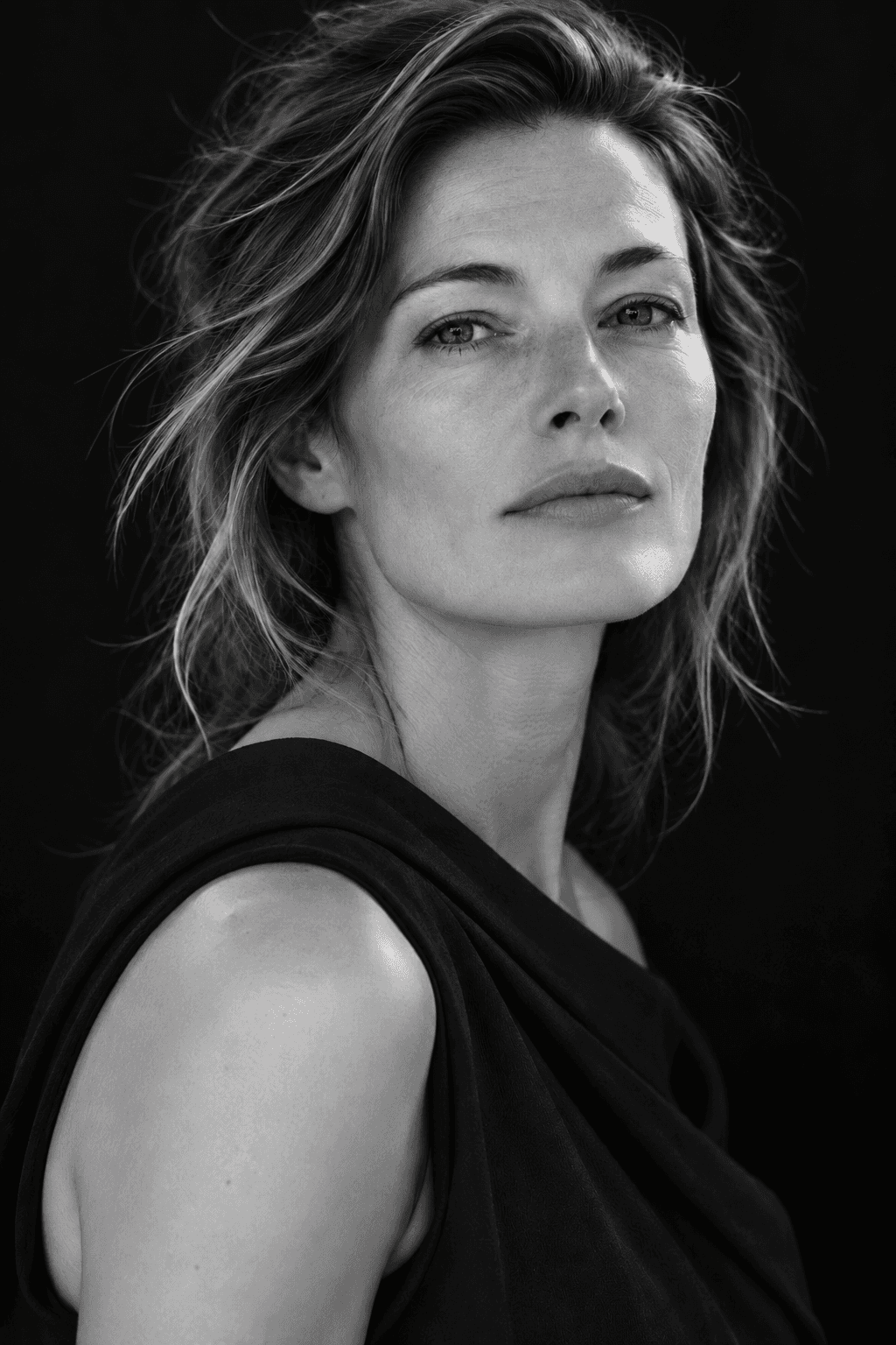 Black-and-white editorial portrait of a woman