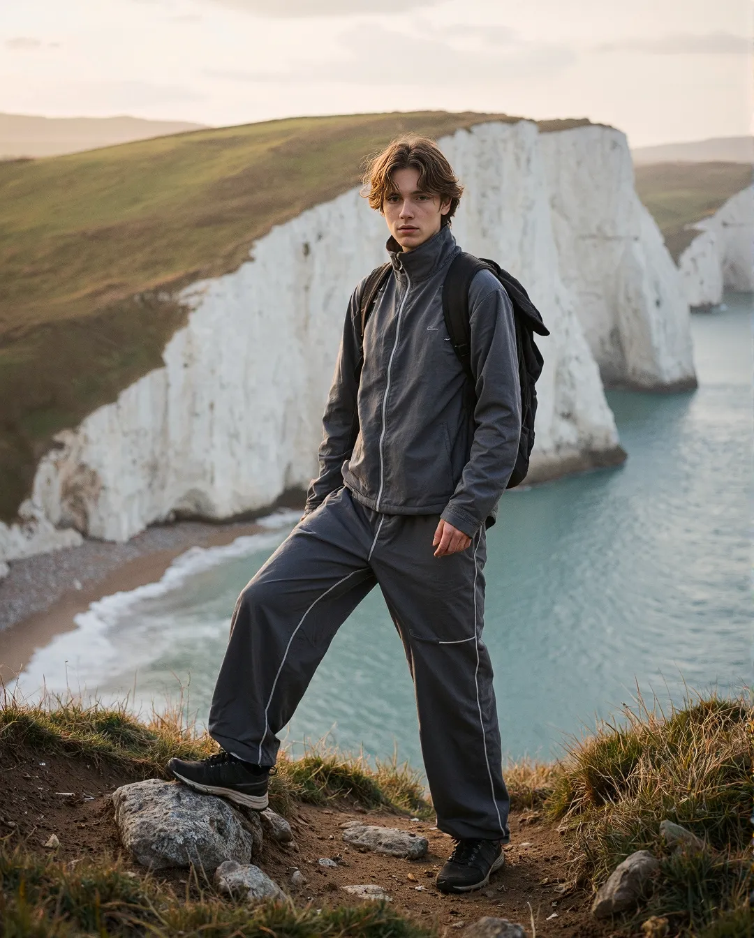 Person in gray athleisure outfit standing on cliff edge overlooking dramatic white coastal cliffs and turquoise water at golden hour