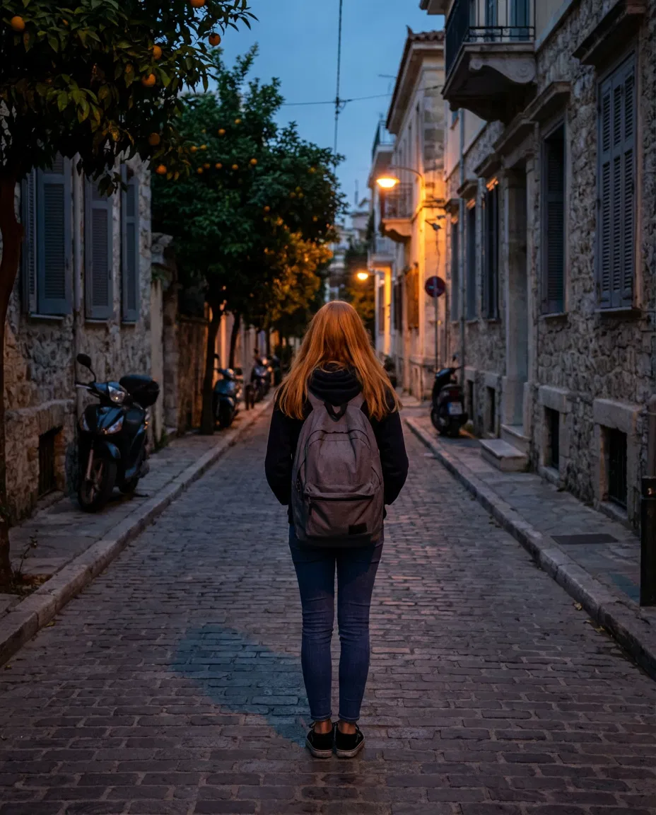 Silhouetted teenager walking alone in a quiet urban area