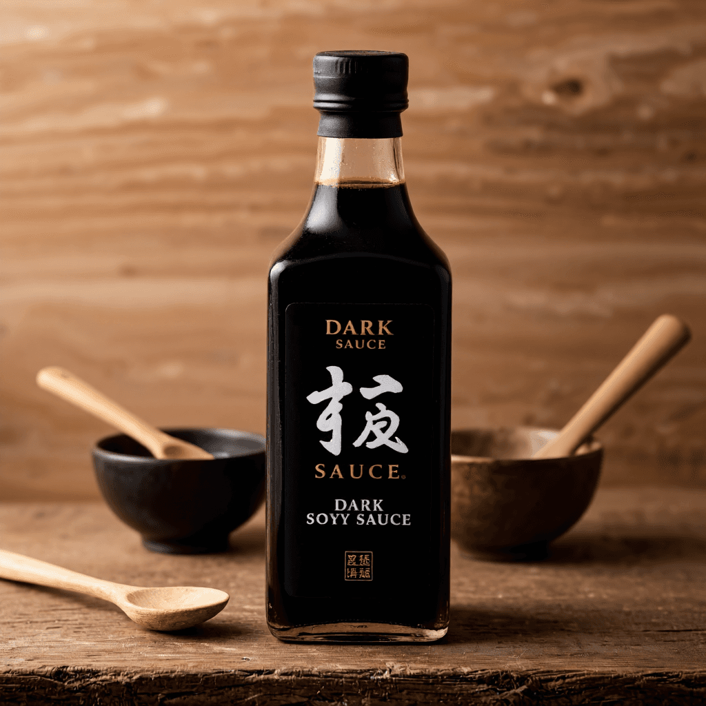 product photography of a bottle of dark soy sauce, used for cooking and seasoning