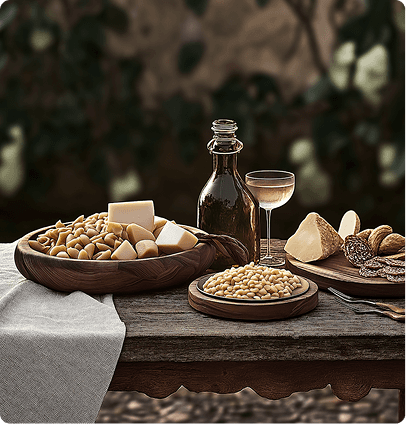 A rustic outdoor table setting featuring a charcuterie arrangement of cheese and sliced salami alongside a large bowl of uncooked pasta, a bottle of olive oil, and a glass of white wine, all against a dark, vine-covered background.