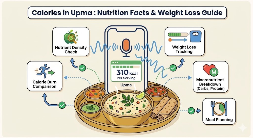 A comprehensive infographic detailing the nutritional information and calorie breakdown of a traditional South Indian Upma thali, featuring integration with weight loss and health tracking apps for dietary management and weight loss goals.