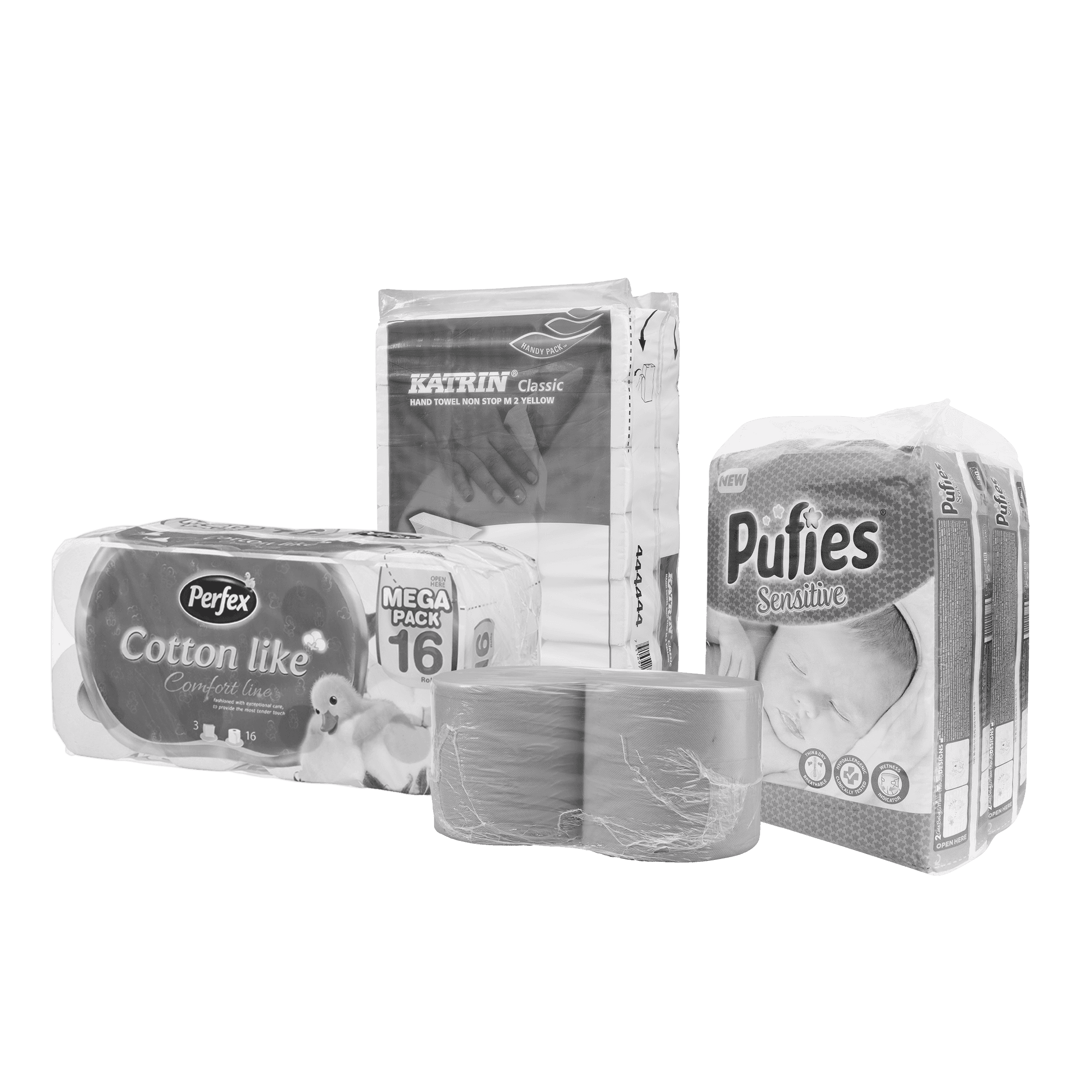 Various hygiene paper products: Katrin, Perfex, Pufies. Paper towels, nappies and more.
