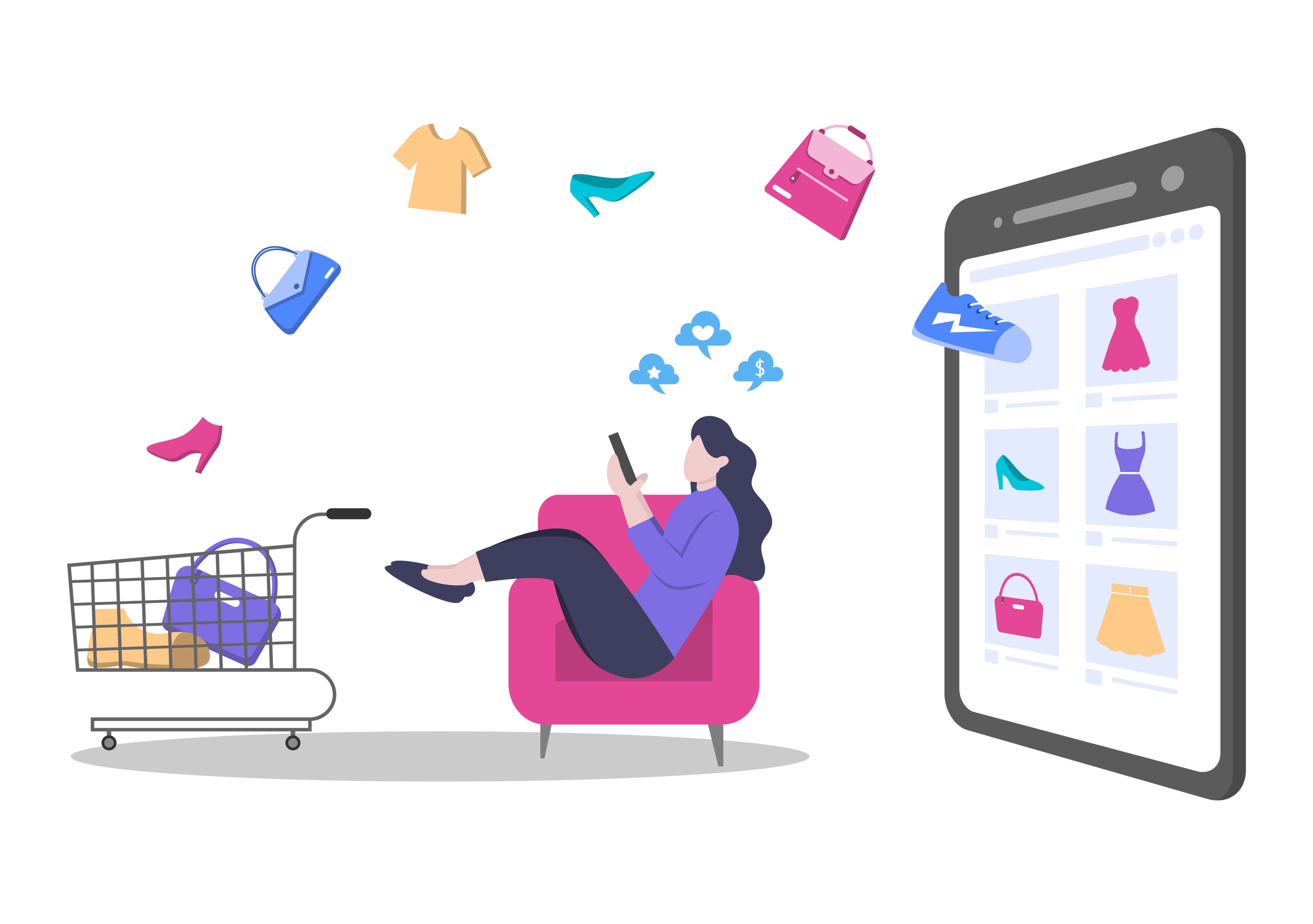 Illustration of a woman shopping for fashion products on a mobile e-commerce app