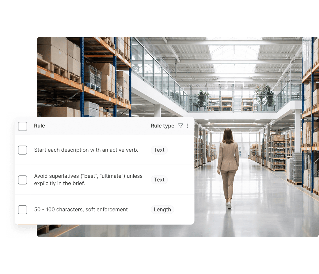 A woman in a black coat stands inside a minimalist clothing store with several mannequins dressed in grey and beige coats, and a floating task checklist is overlaid on the image.