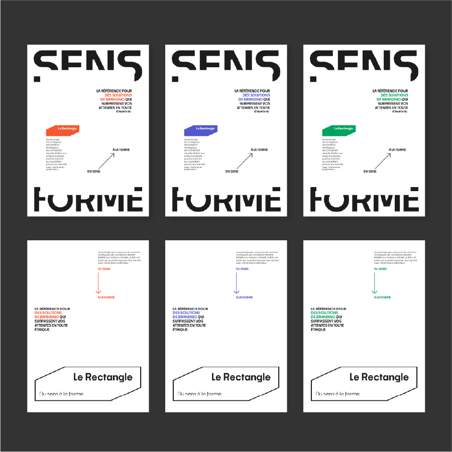 Serie de six affiches manifeste Le Rectangle avec jeu typographique entre sens et forme et cartouche de couleur.
