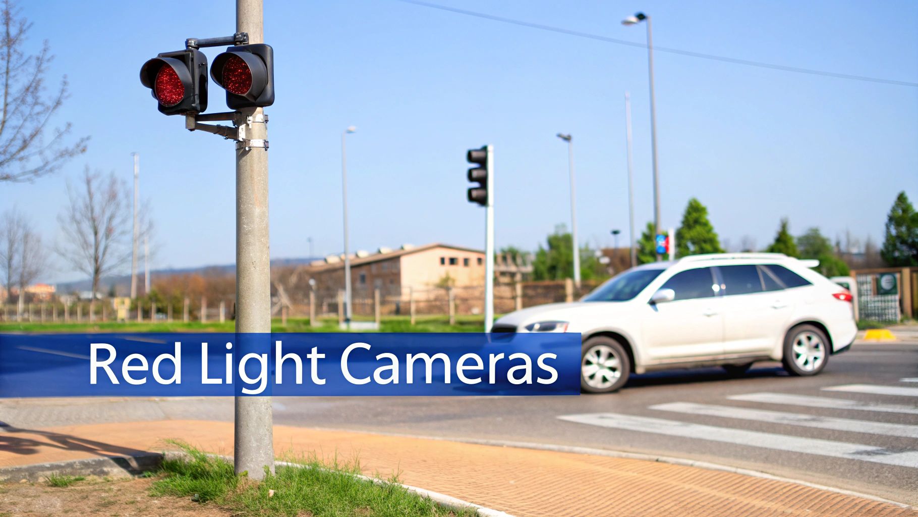 Red traffic lights illuminate on a pole at an intersection, with a white car driving past a crosswalk.