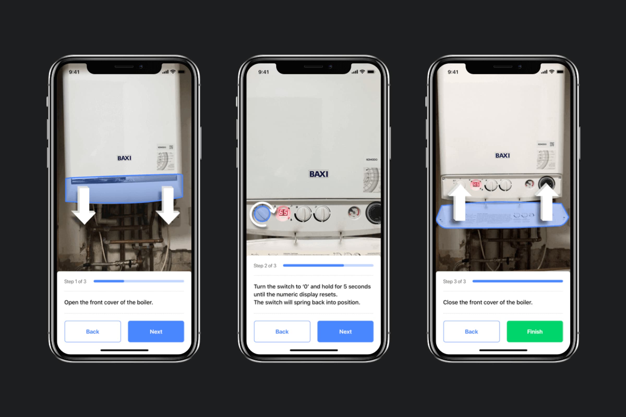 Three iphones showing an AR application, scanning a boiler in the background
