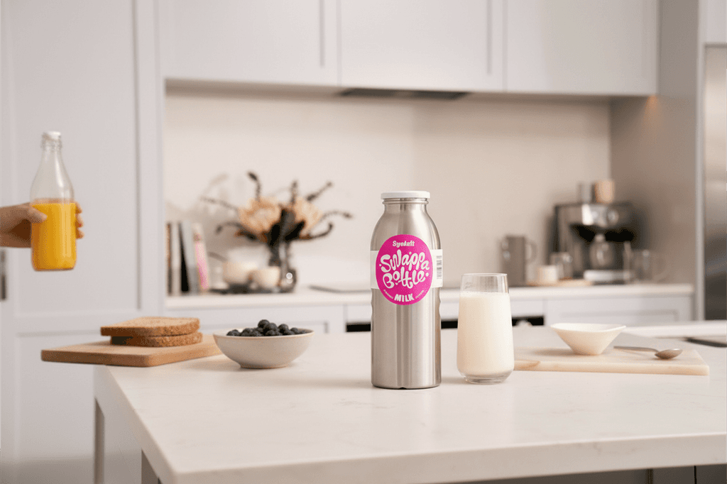 Metal milk bottle on a table with a glass of milk