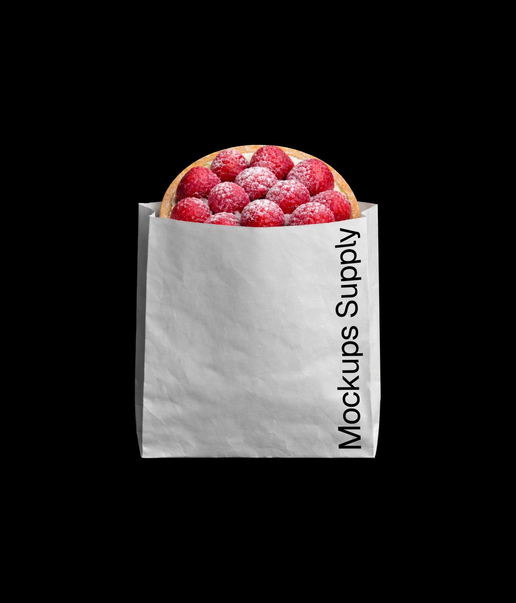 Raspberry tart in paper bag mockup for Photoshop with editable pastry packaging design