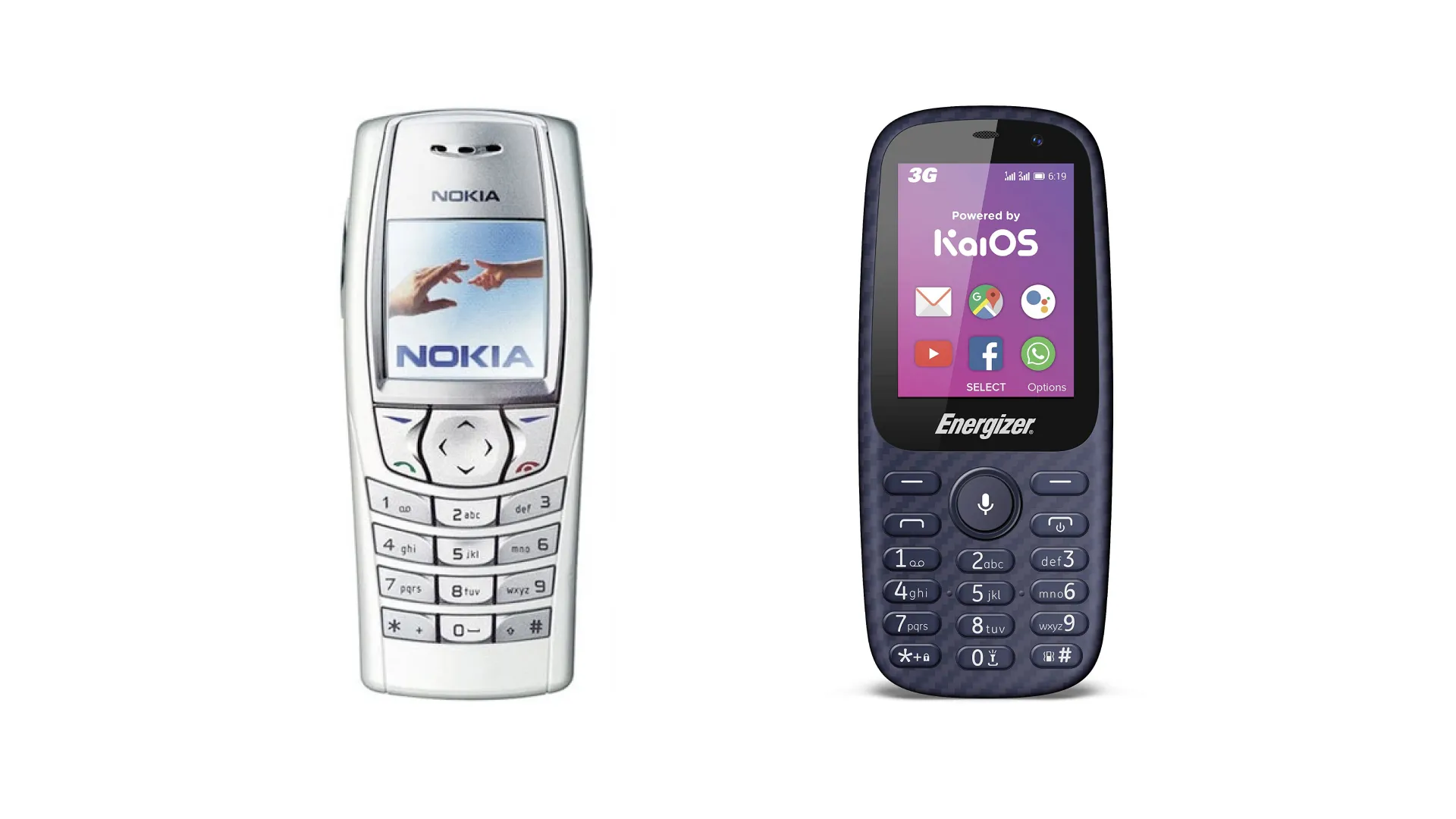 Left: The Nokia 6610 that I had (and lost on a bus) in 2002. Right: A KaiOS phone made by Energizer in 2020.