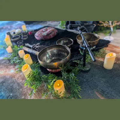 A serene meditation setup featuring Tibetan singing bowls on a dark cloth, surrounded by green foliage and glowing candles, with a peaceful ambiance enhanced by a mystical instrument.