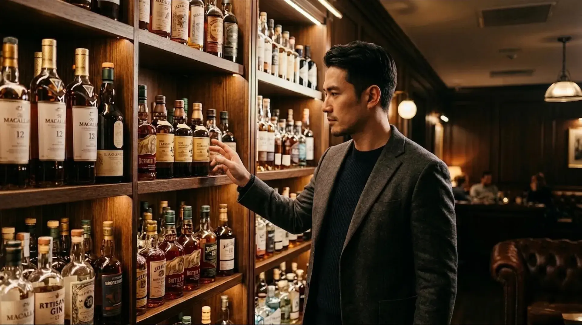 Man in a blazer reaching for a whisky bottle on a warmly lit wooden bar shelf stocked with Macallan and other premium spirits