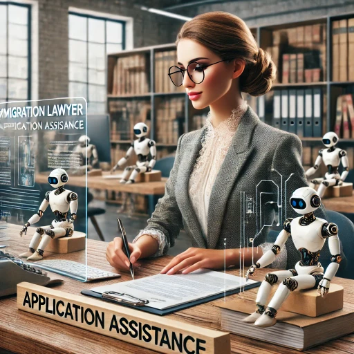 A professional female lawyer with glasses and a stylish hairstyle working at a desk in a modern, high-tech loft office. She is surrounded by tiny robots performing tasks such as organizing documents, scanning papers, and managing data. The background features shelves filled with legal books and documents, highlighting the integration of traditional and futuristic elements in legal practice.