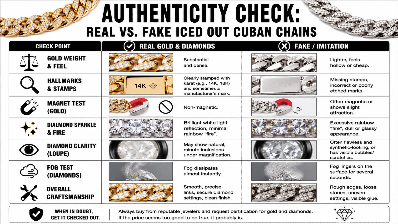 A comprehensive infographic comparing real versus fake iced out Cuban chains using professional authenticity testing methods.