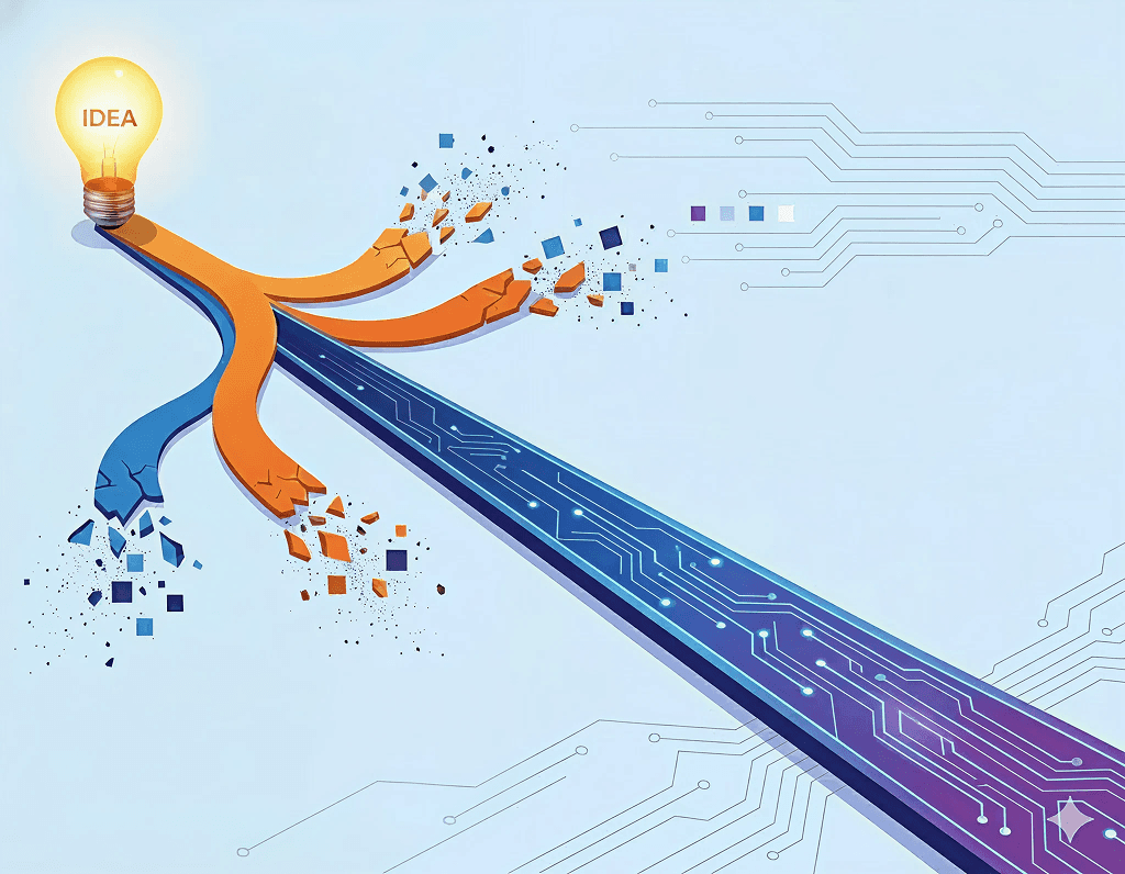 Paths branching from an idea lightbulb, with broken routes and one stable tech pathway leading forward.