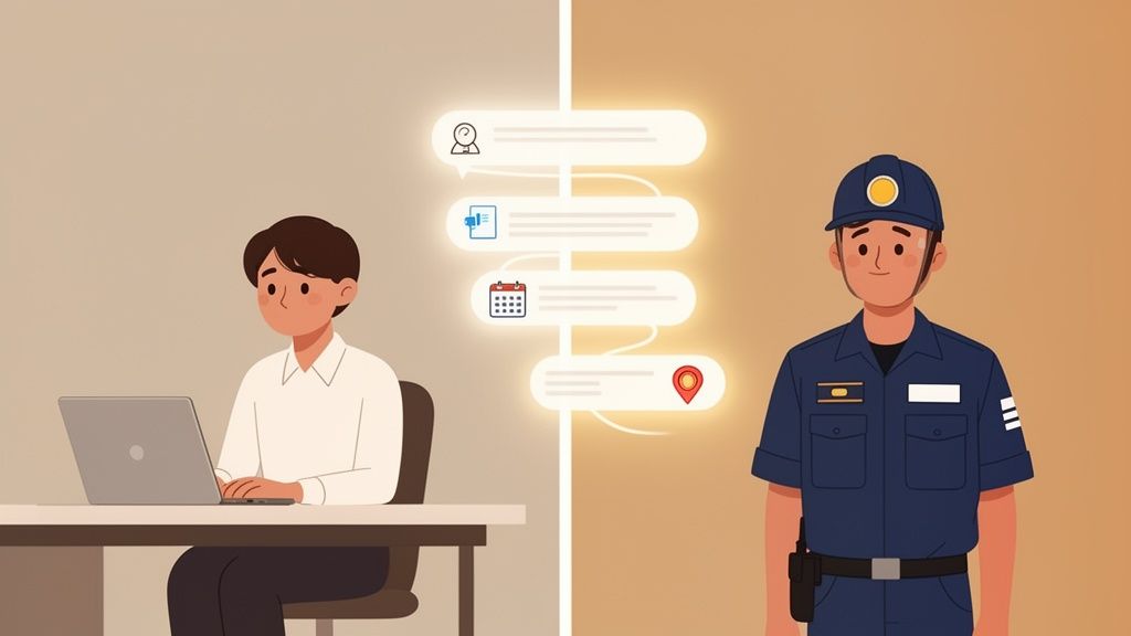 An illustration of a desk worker using a laptop connected to a security guard via a digital communication flow.