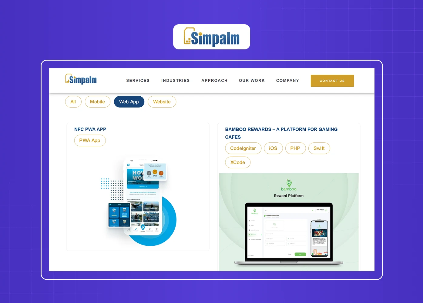 The Simpalm portfolio highlights web and mobile application projects with technology filters and industry-specific case studies. 