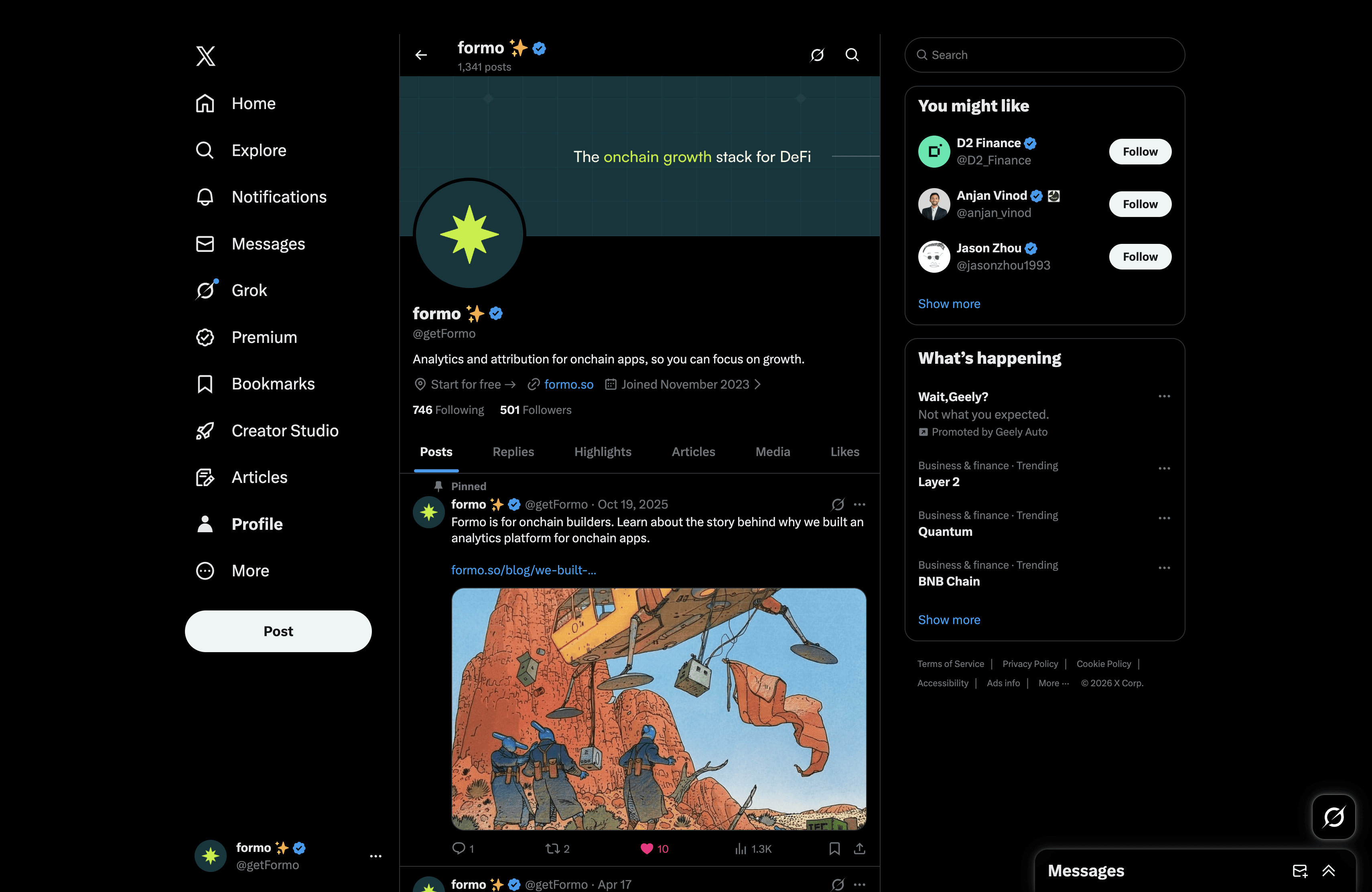 Formo Web3 analytics and product account on X homepage
