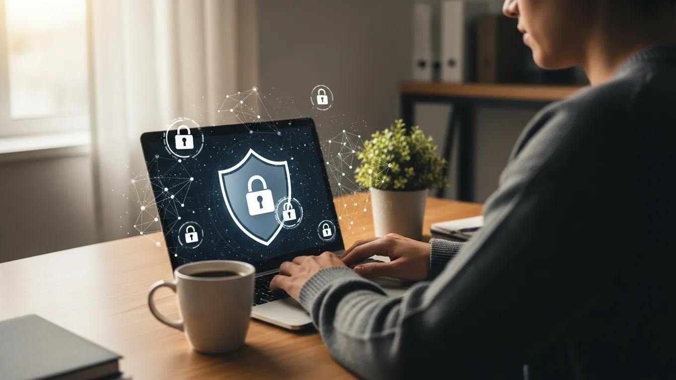 Person using a laptop in a cozy workspace, symbolizing online privacy and security