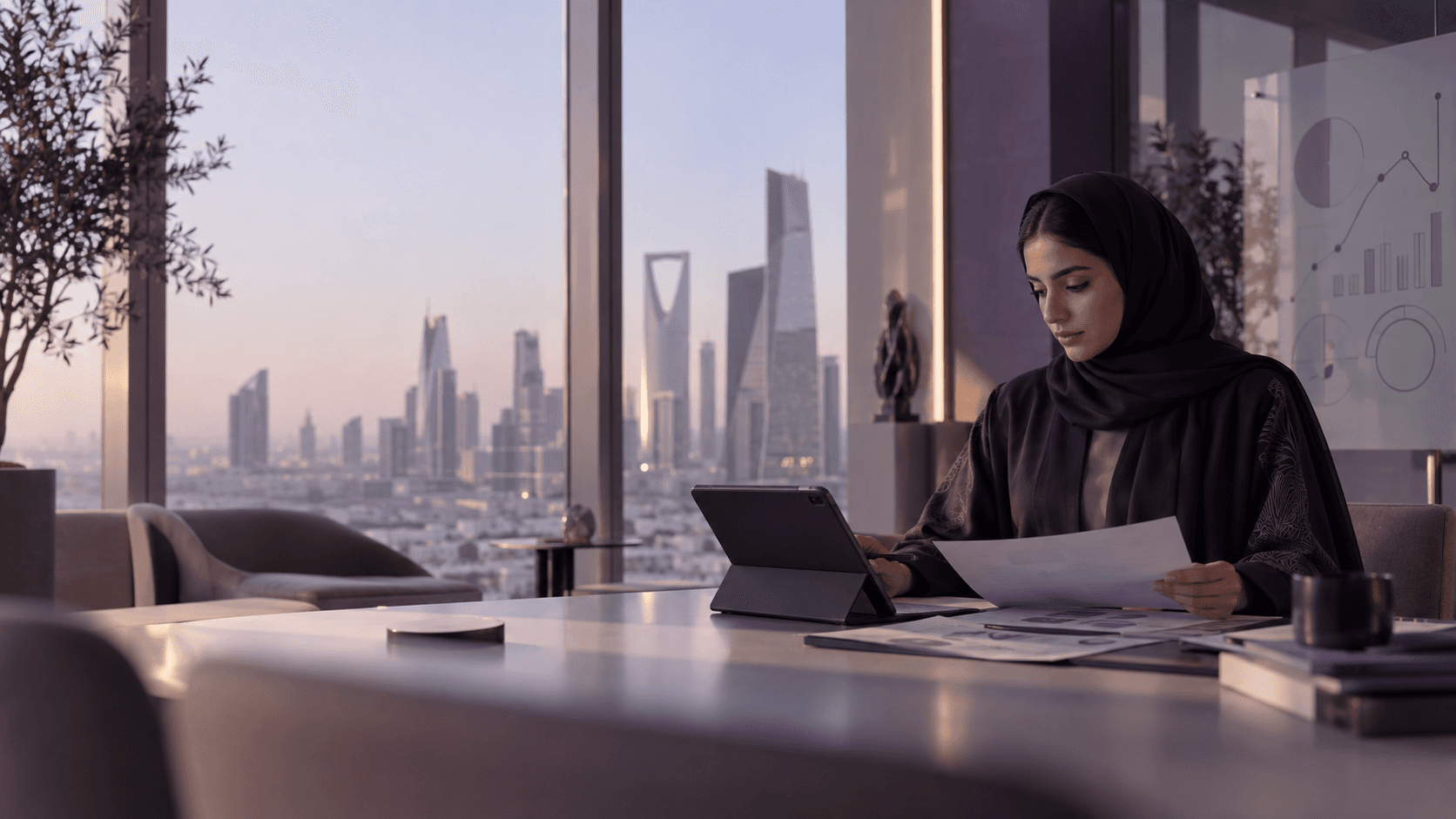A professional reviewing strategy documents in a Riyadh office overlooking the city skyline